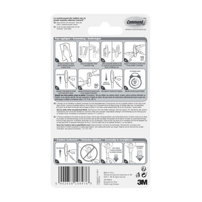 Auf der Rückseite des Command™ Large Drahthaken, 17069 von 3M Deutschland GmbH finden Sie eine bebilderte Schritt-für-Schritt-Anleitung, mehrsprachigen Text, Produktdetails, Warnhinweise, einen Barcode sowie Logos von 3M und Command.