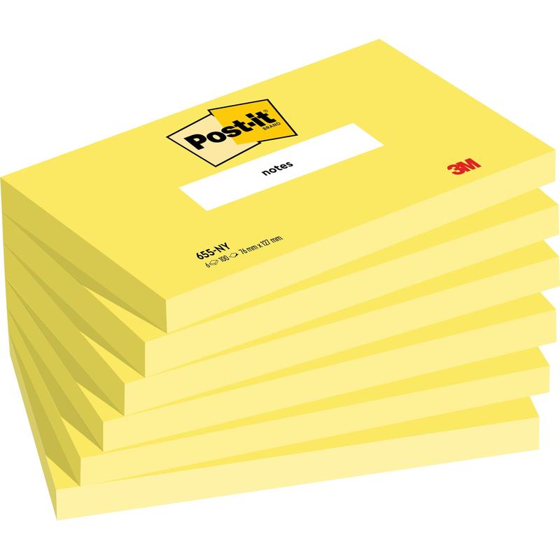 Zobrazen je stoh šesti žlutých Post-it® Notes (76 mm x 127 mm, 100 listů/blok, 100% PEFC) od 3M Deutschland GmbH s logem Post-it® a etiketou "notes" nahoře a logem 3M v pravém dolním rohu.