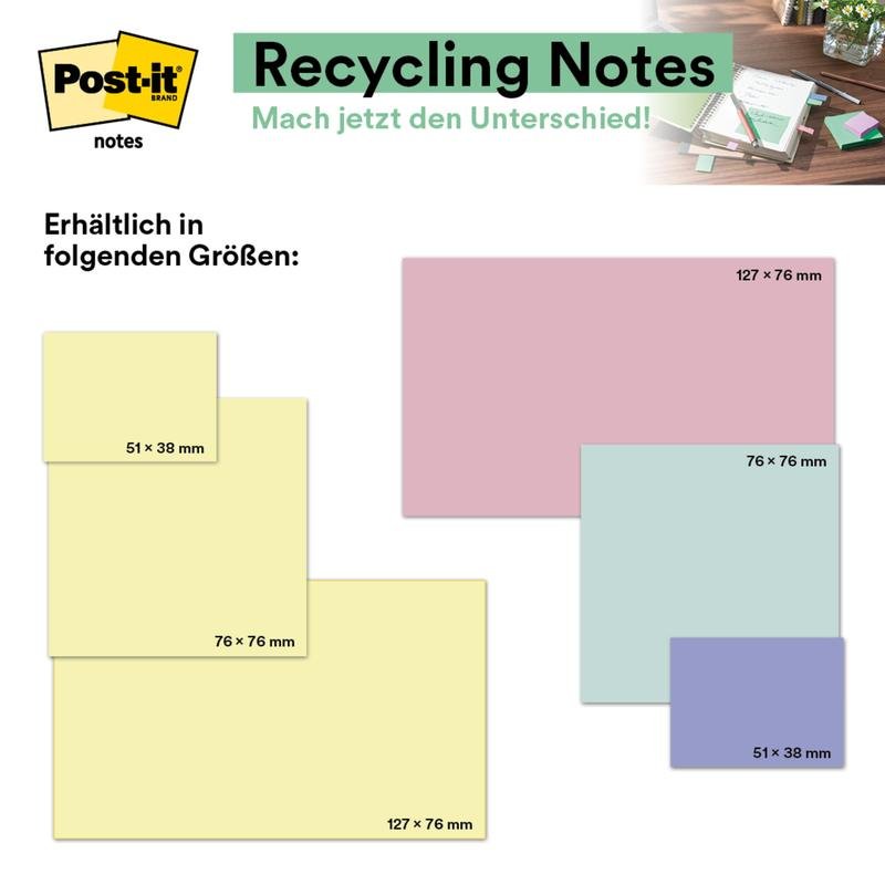 Grafika propaguje Post-it® Recycling Notes (76 mm x 127 mm, 100 listů/blok, 100% PEFC) od 3M Deutschland GmbH v různých pastelových barvách, s německým textem o velikostech a fotografiemi produktů na stole v pravém horním rohu.