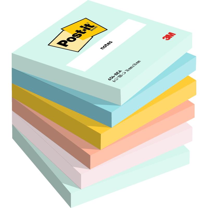 Stoh sedmi 3M Deutschland GmbH Post-it® lepících poznámek, 76x76 mm, 100 listů na blok, v různých pastelových barvách, přičemž horní blok ukazuje logo Post-it a 3M. Vyrobeno ze 100% PEFC certifikovaného papíru.