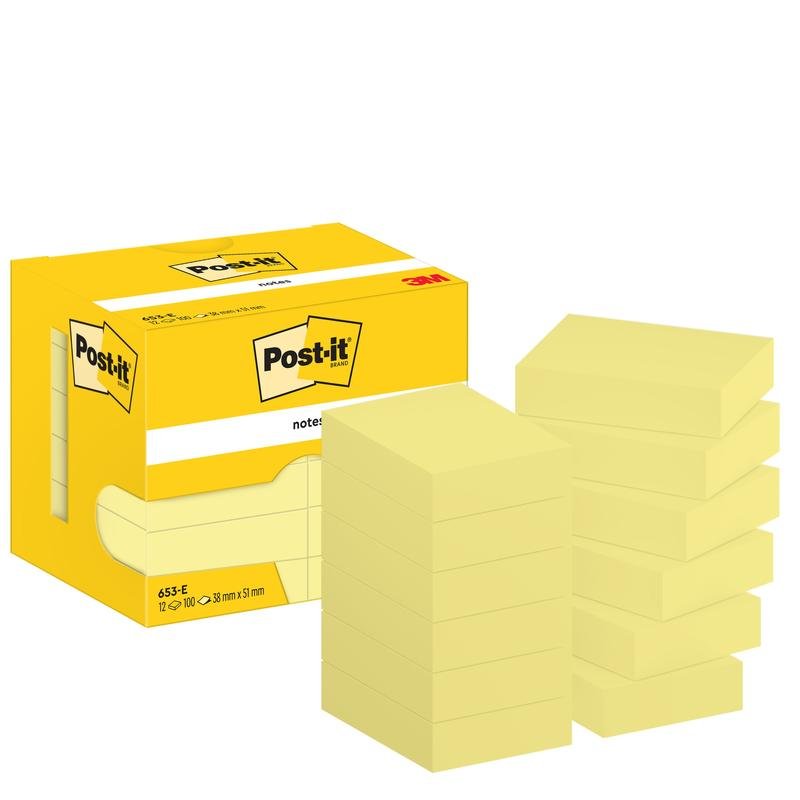 Žlutá krabička poznámkových bloků Post-it® Notes, Žlutá, 38 mm x 51 mm, 100 listů/blok, 12 bloků/balení od společnosti 3M Deutschland GmbH je zobrazena vedle deseti stohů žlutých poznámkových bloků; obě nesou logo Post-it a nápis 3M.