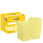 Žlutá krabička poznámkových bloků Post-it® Notes, Žlutá, 38 mm x 51 mm, 100 listů/blok, 12 bloků/balení od společnosti 3M Deutschland GmbH je zobrazena vedle deseti stohů žlutých poznámkových bloků; obě nesou logo Post-it a nápis 3M.