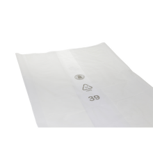 Transparenter DEISS PREMIUM Abfallsack 240 Liter der EMIL DEISS KG mit Recycling-Symbolen, der Zahl 39 und dem Aufdruck "04 LDPE" in Schwarz auf weißem Grund.