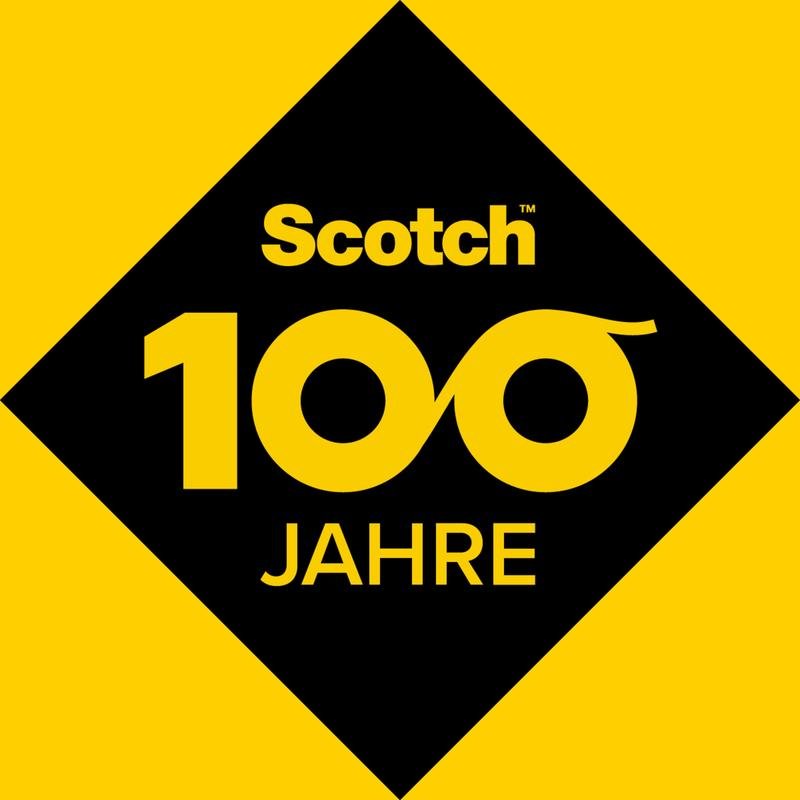 Černý kosočtverec na žluté ukazuje logo Scotch™ a "100 LET", s nulami jako symbolem nekonečna, a oslavuje nůžky Scotch™ DECO (16,5 cm) od 3M Deutschland GmbH v zelené, modré nebo růžové barvě - 1 na balení.