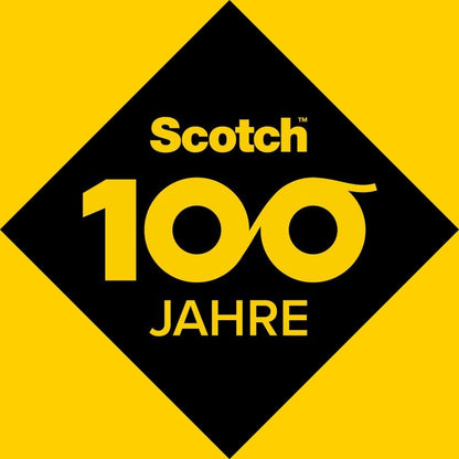 Černý kosočtverec na žluté ukazuje logo Scotch™ a "100 LET", s nulami jako symbolem nekonečna, a oslavuje nůžky Scotch™ DECO (16,5 cm) od 3M Deutschland GmbH v zelené, modré nebo růžové barvě - 1 na balení.