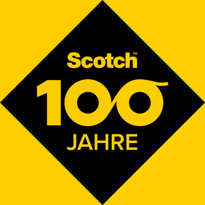 Eine schwarze Raute mit gelber Schrift "Scotch 100 Jahre", mit einer stilisierten 100 auf gelbem Hintergrund, feiert 100 Jahre Scotch® Box Lock™ Verpackungsklebeband (48 mm x 20,3 m) der 3M Deutschland GmbH.