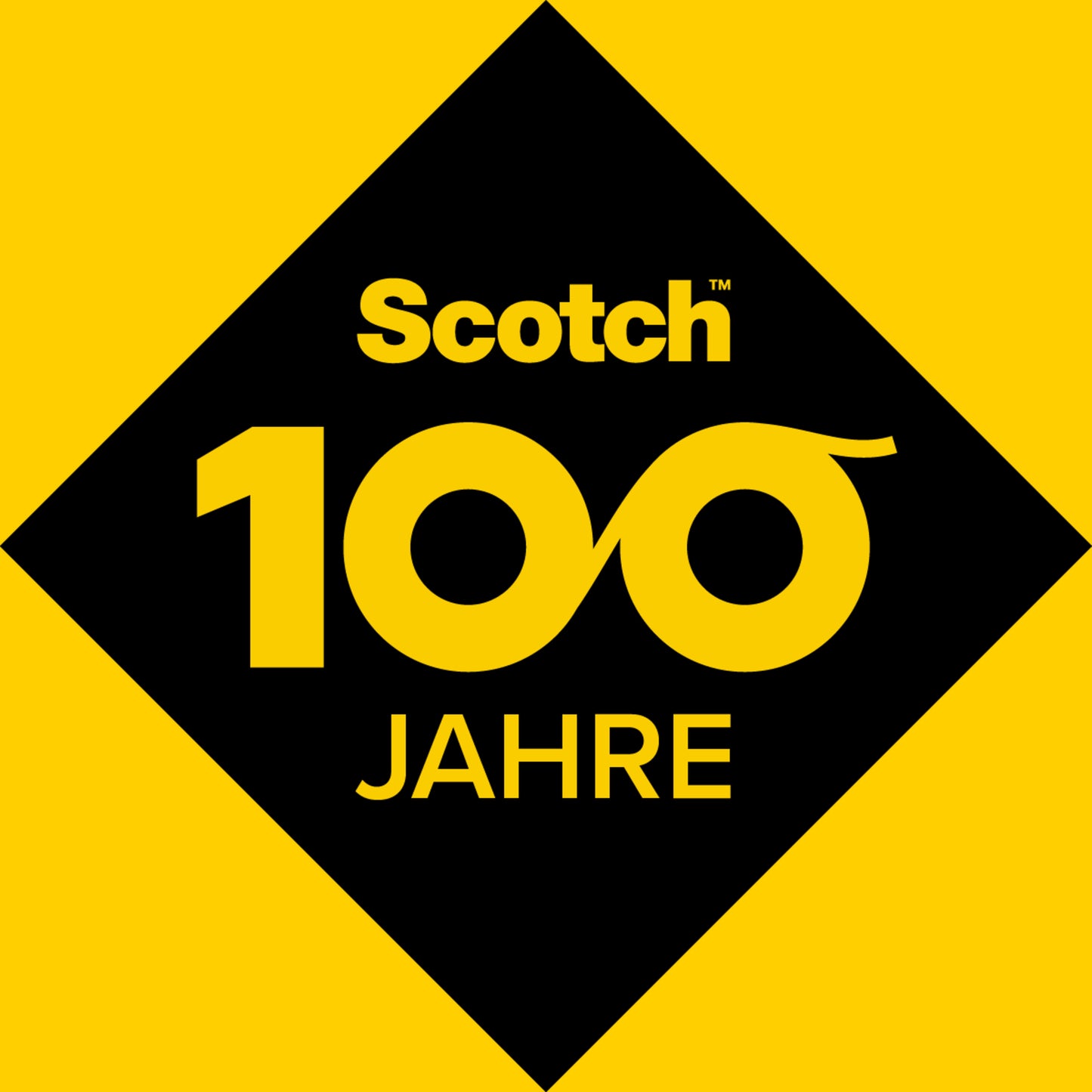 Die Scotch™ DECO Kinderschere (grün, blau oder pink, 13 cm, 1 Stück) von 3M Deutschland GmbH zeigt ein gelb-schwarzes Logo mit "Scotch", einer stilisierten "100" als Unendlichkeitszeichen und "JAHRE" darunter - ideal für Bastelprojekte.