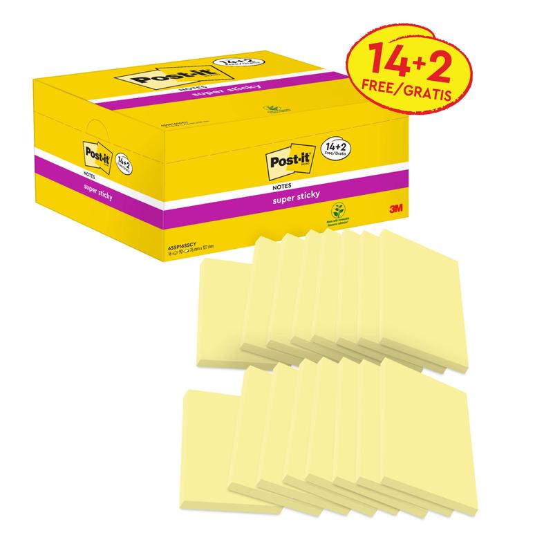 Balení 3M Post-it® Super Sticky Notes, žluté, 76x127mm, 90 listů/blok, s 14 bloky plus 2 zdarma (celkem 16), je ideální znovupoužitelné lepící poznámky od 3M Deutschland GmbH, PEFC certifikované.