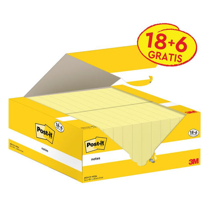 Otevřená krabice samolepicích lístků Post-it® Notes, žluté (38 mm x 51 mm, 100 listů/blok), od 3M Deutschland GmbH odhaluje několik žlutých lístků; balení nabízí 18 bloků + 6 zdarma a nese ekologickou značku PEFC.