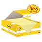 Otevřená krabice samolepicích lístků Post-it® Notes, žluté (38 mm x 51 mm, 100 listů/blok), od 3M Deutschland GmbH odhaluje několik žlutých lístků; balení nabízí 18 bloků + 6 zdarma a nese ekologickou značku PEFC.