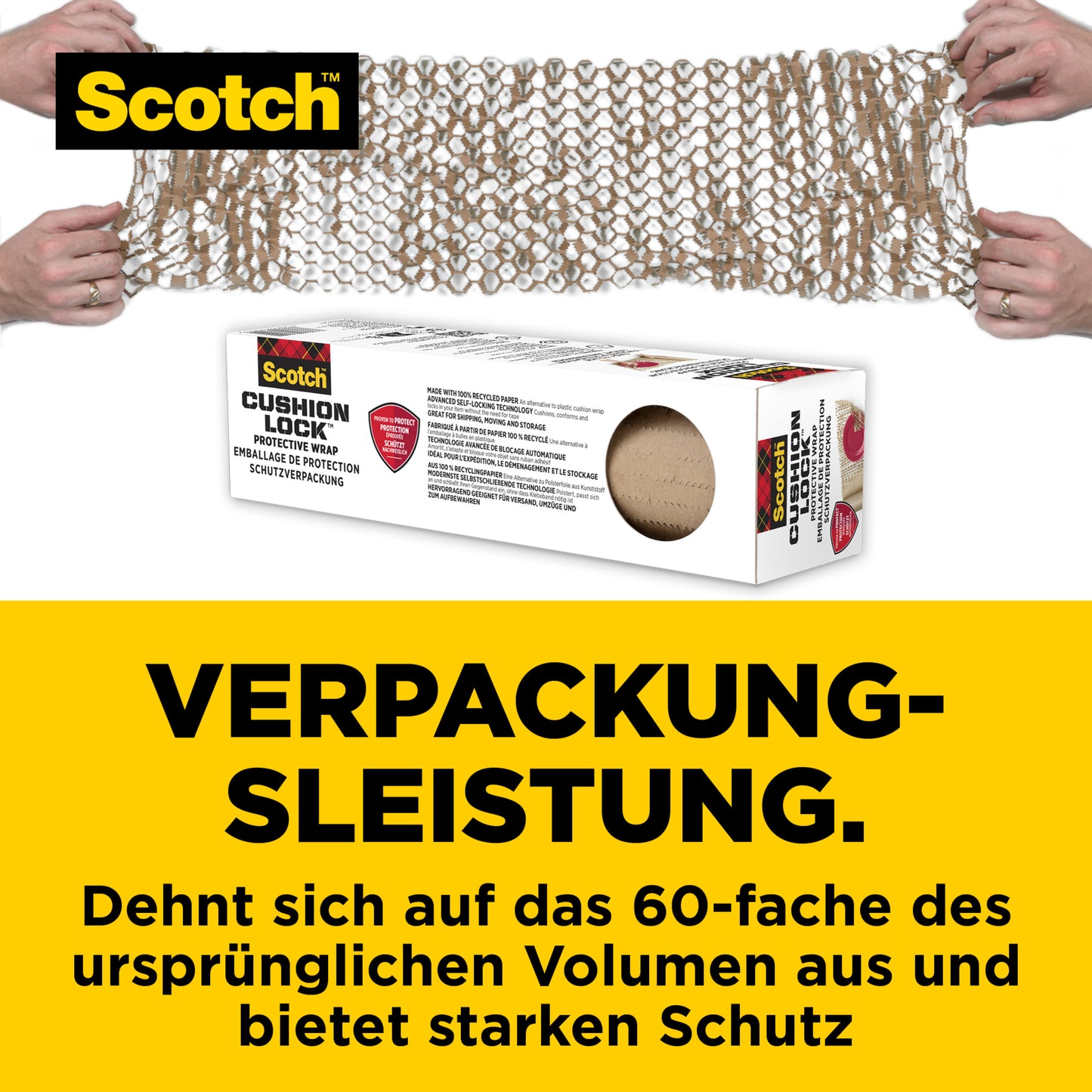Zwei Hände rollen die Scotch™ Cushion Lock™ Schutzverpackung (30,4 cm x 9,14 m, 1 Rolle/Packung) von 3M Deutschland GmbH über eine Box. Ideal für empfindliche Gegenstände - dehnt sich aus und bietet starken Schutz.