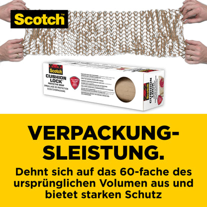 Zwei Hände rollen die Scotch™ Cushion Lock™ Schutzverpackung (30,4 cm x 9,14 m, 1 Rolle/Packung) von 3M Deutschland GmbH über eine Box. Ideal für empfindliche Gegenstände - dehnt sich aus und bietet starken Schutz.