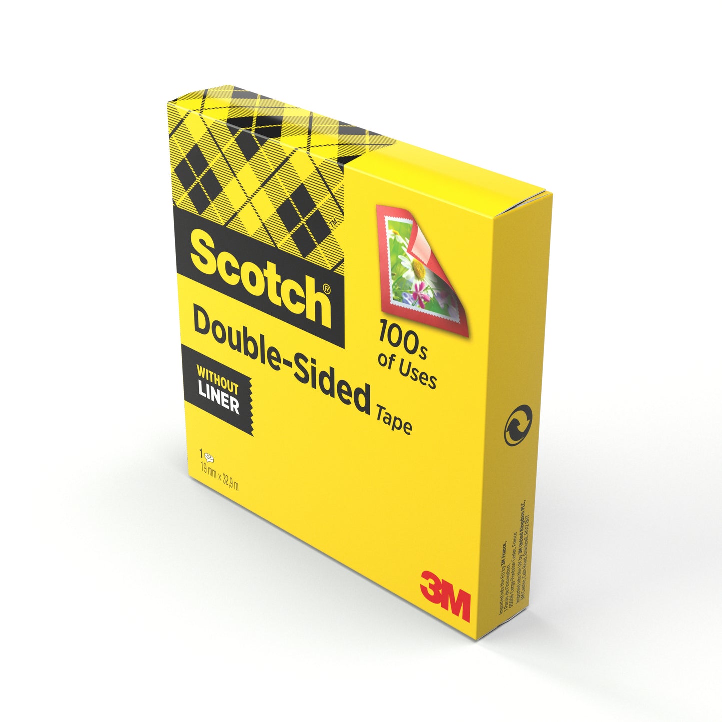 Eine gelbe Schachtel Scotch® doppelseitiges Klebeband (1 Rolle, 19 mm x 33 m) von 3M Deutschland GmbH, ideal für Bastelbedarf, zeigt das Etikett und eine Blumenkarte-ohne Liner.