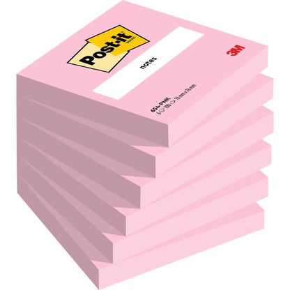 Balení šesti růžových Post-it® Notes (76 x 76 mm, 100 listů, PEFC certifikováno) od 3M Deutschland GmbH má nahoře bílou etiketu s logem Post-it, "notes" a logem 3M v pravém dolním rohu.