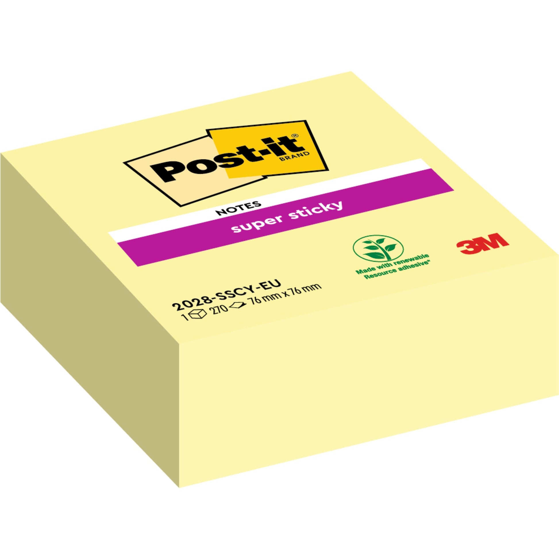 Ein gelber Stapel Post-it® Super Sticky Notes Würfel, 76x76mm von 3M Deutschland GmbH, zeigt das Post-it-Logo, das "Super Sticky"-Etikett, das Recycling-Symbol, den Umwelthinweis, den Produktcode 2028-SSC-Y-EU und ein 3M-Logo.