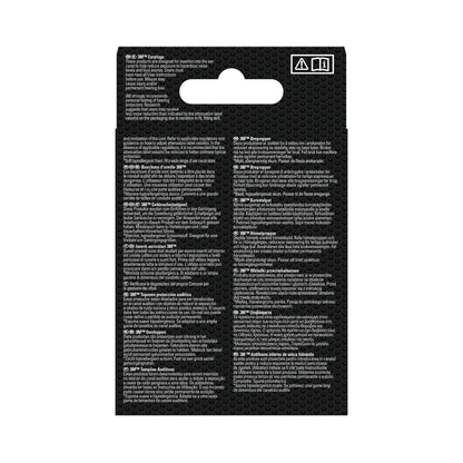 Rückansicht der 3M™ Gehörschutzstöpsel 1100 (Weichschaum, SNR 35 dB, Orange) Einzelhandelsverpackung von 3M Deutschland GmbH, mit weißer, mehrsprachiger Produktinformation in drei Spalten; Aufhängelasche am oberen Rand.