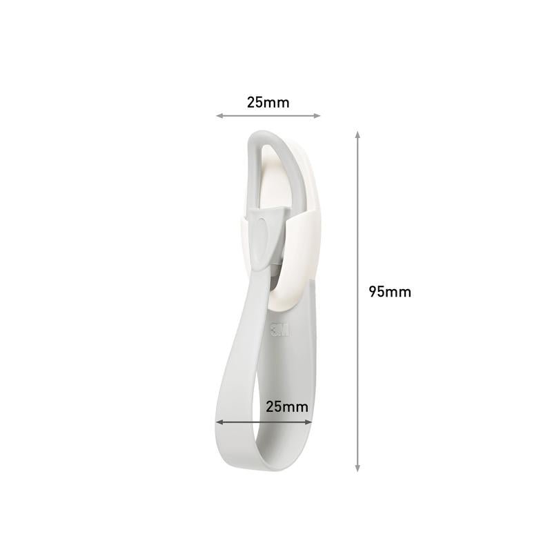 Držák kabelů Command™ 17304-FR od 3M Deutschland GmbH, v bílé a šedé barvě, je 25 mm široký a 95 mm vysoký. Má zakřivenou základnu a zaoblený, otočný háček, který pomáhá předcházet nepořádku s kabely.