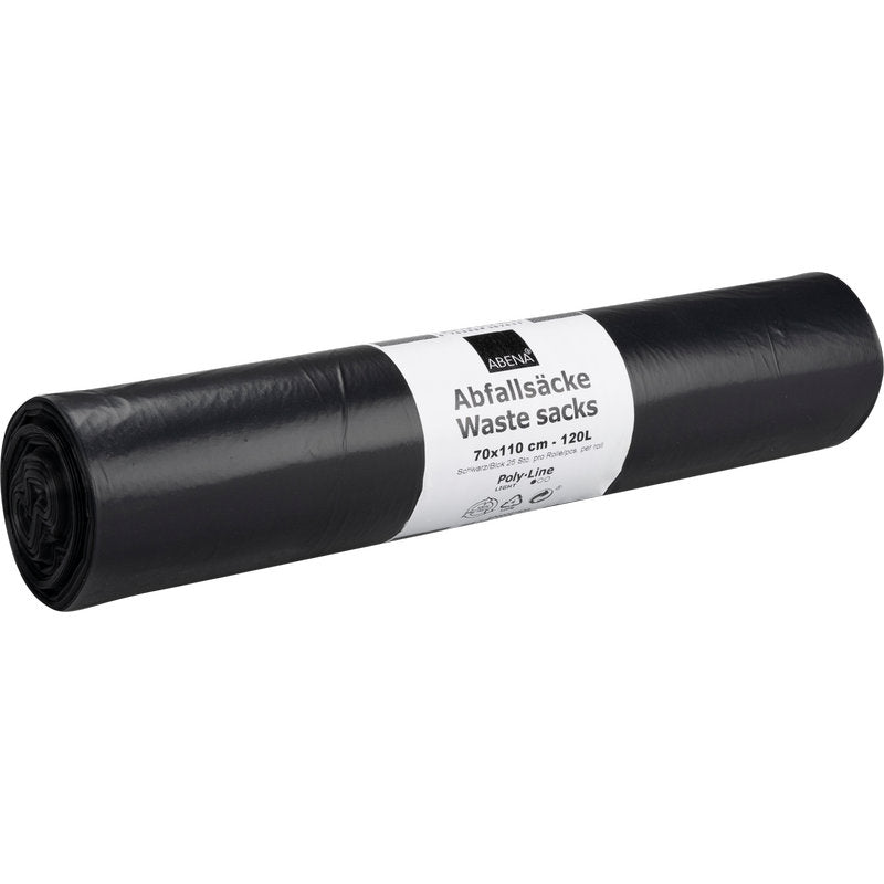 Role černých LDPE odpadkových pytlů od společnosti Abena Re-Seller GmbH (120 L, 700x1100mm, 34 my, 25 pytlů) nese bílý štítek s označením značky, velikosti a kapacity v němčině a angličtině.