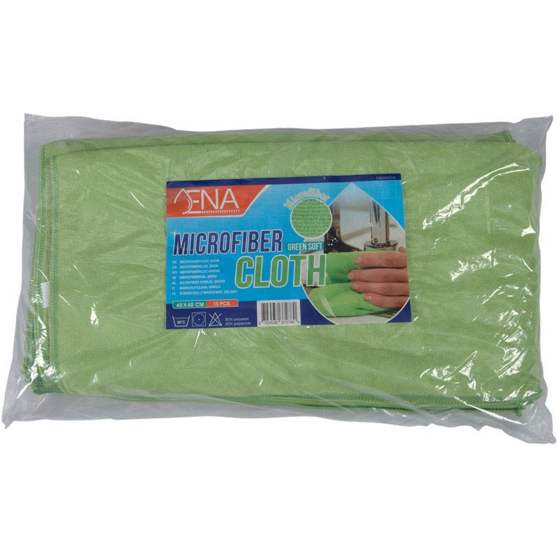 Mikrovláknový hadřík ENA Soft od společnosti Abena Re-Seller GmbH, 40x40 cm, je zelený mikrovláknový hadřík v čirém plastu s modro-červenou etiketou "mikrovláknový hadřík", která ukazuje ruční čištění - perfektní volba pro čištění a péči o auto.