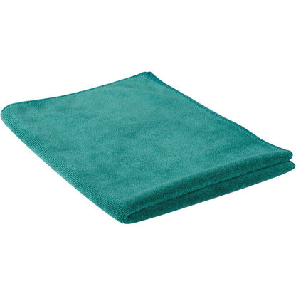 Na bílém pozadí je vyobrazena složená zelená mikrovláknová utěrka ENA Platin na okna (40x50 cm) od Abena Re-Seller GmbH. Měkká, strukturovaná utěrka s opracovanými okraji je ideální pro čištění bez šmouh. Balení: 10 kusů.