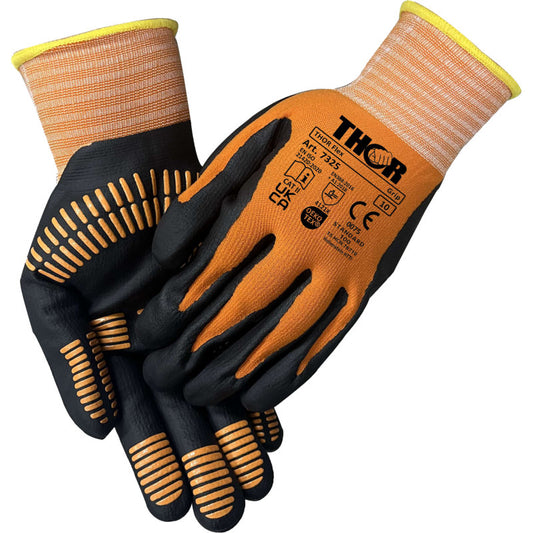 Die Thor Flex Multigrip Handschuhe der Abena Re-Seller GmbH sind mit ihren orangefarbenen und schwarzen Farben, den rutschfesten Gummigriffen an Handflächen und Fingern sowie den Sicherheitsmarkierungen auf dem Handrücken eine robuste Wahl für verschiedene Aufgaben.
