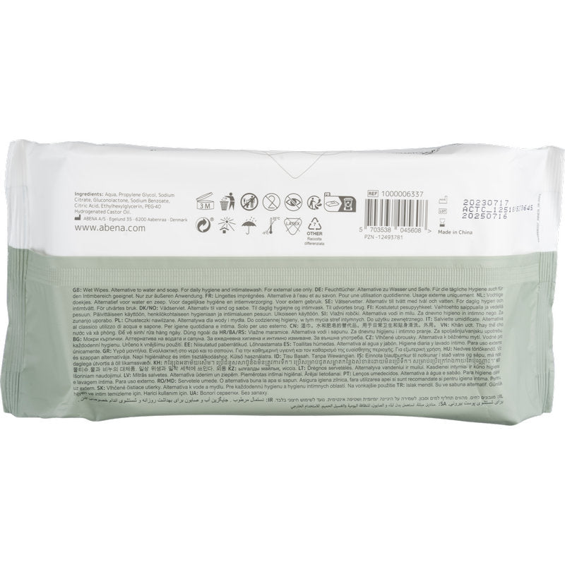 Zadní strana balení vlhčených ubrousků Abena Re-Seller GmbH (80 kusů, 18x20 cm, bílá, s lepícím uzávěrem) ukazuje informace o produktu, symboly použití, čárový kód, datum spotřeby a údaje o výrobci v několika jazycích pro každodenní hygienu.