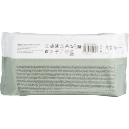 Zadní strana balení vlhčených ubrousků Abena Re-Seller GmbH (80 kusů, 18x20 cm, bílá, s lepícím uzávěrem) ukazuje informace o produktu, symboly použití, čárový kód, datum spotřeby a údaje o výrobci v několika jazycích pro každodenní hygienu.