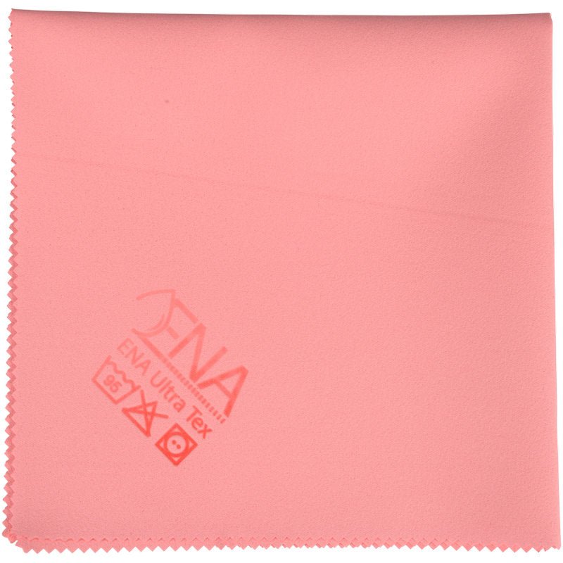 ENA Ultra Tex PU utěrka od Abena Re-Seller GmbH je čtvercová, růžová čisticí utěrka (38x37 cm) se zubatými okraji pro čištění bez šmouh a s vytištěným logem značky a symboly péče v rohu.