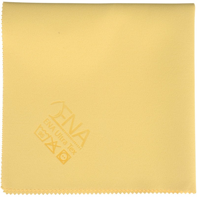 Čtvercová, světle žlutá ENA Ultra Tex PU utěrka (38x37 cm) od Abena Re-Seller GmbH z mikrovlákna s ozubeným okrajem a symboly péče plus logem v rohu - ideální pro čištění bez šmouh.