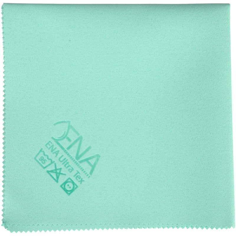 ENA Ultra Tex PU utěrka od Abena Re-Seller GmbH je světle zelená mikrofázová čisticí utěrka o rozměrech 38x37 cm se zubatými okraji, vytištěnými symboly péče a "ENA Ultra Tex" v rohu - ideální pro čištění bez šmouh.