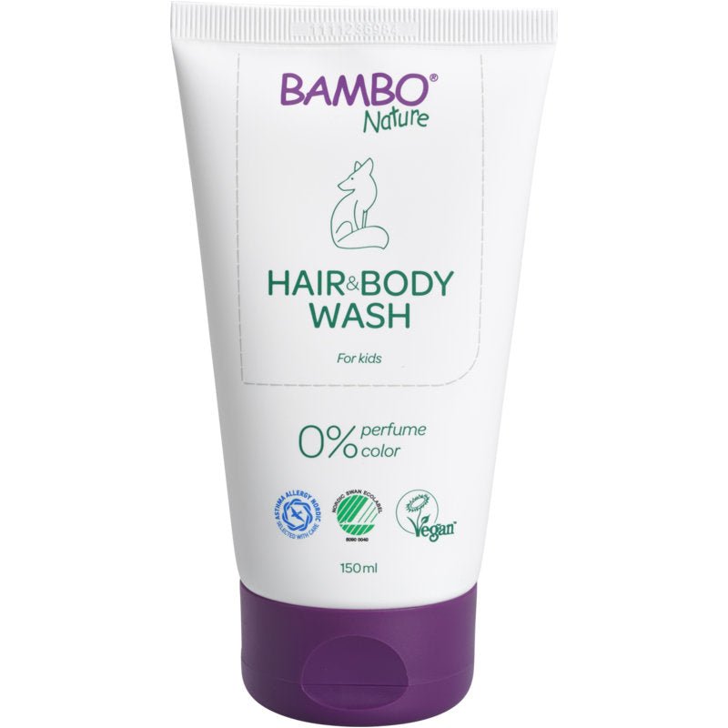 Bílá-fialová tuba s nápisem "Bambo Nature, dětský šampon na kůži a vlasy, 150 ml" od Abena Re-Seller GmbH zobrazuje ilustraci lišky a ikony pro certifikace. Veganská formule s 0% parfému nebo barvy, perfektní pro citlivou dětskou pokožku. Balení: 6 kusů.