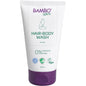 Bílá-fialová tuba s nápisem "Bambo Nature, dětský šampon na kůži a vlasy, 150 ml" od Abena Re-Seller GmbH zobrazuje ilustraci lišky a ikony pro certifikace. Veganská formule s 0% parfému nebo barvy, perfektní pro citlivou dětskou pokožku. Balení: 6 kusů.