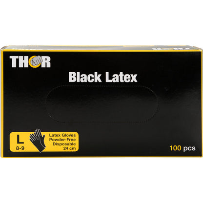 Eine schwarze Schachtel mit der Aufschrift "Thor Black Latex, Puderfrei" von Abena Re-Seller GmbH enthält 100 große (8-9), puderfreie, schwarze Einweg-Latexhandschuhe (24 cm). Die Schachtel ist mit gelber und weißer Schrift sowie einem Handschuhsymbol versehen.