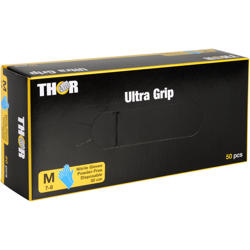 Modrá krabice s nápisem "Thor Ultra Grip Long" od Abena Re-Seller GmbH obsahuje 50 středně velkých, bezpudrových modrých nitrilových rukavic (30 cm, velikost 7-8), na jejichž přední straně je zobrazená rukavice.