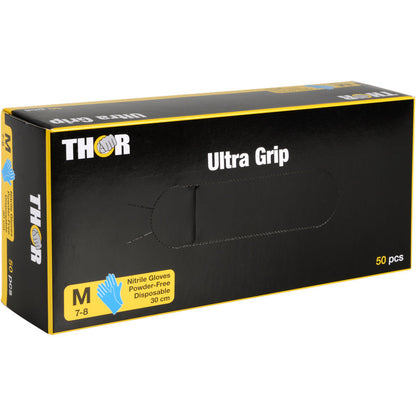 Modrá krabice s nápisem "Thor Ultra Grip Long" od Abena Re-Seller GmbH obsahuje 50 středně velkých, bezpudrových modrých nitrilových rukavic (30 cm, velikost 7-8), na jejichž přední straně je zobrazená rukavice.