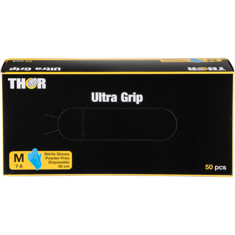 Černo-žlutá krabice od Abena Re-Seller GmbH s nápisem "Thor Ultra Grip Long, nitrilové rukavice, 30 cm, modré" obsahuje 50 středně velkých (7-8), bezpudrových, modrých jednorázových rukavic; modrý symbol ruky ukazuje typ rukavice.
