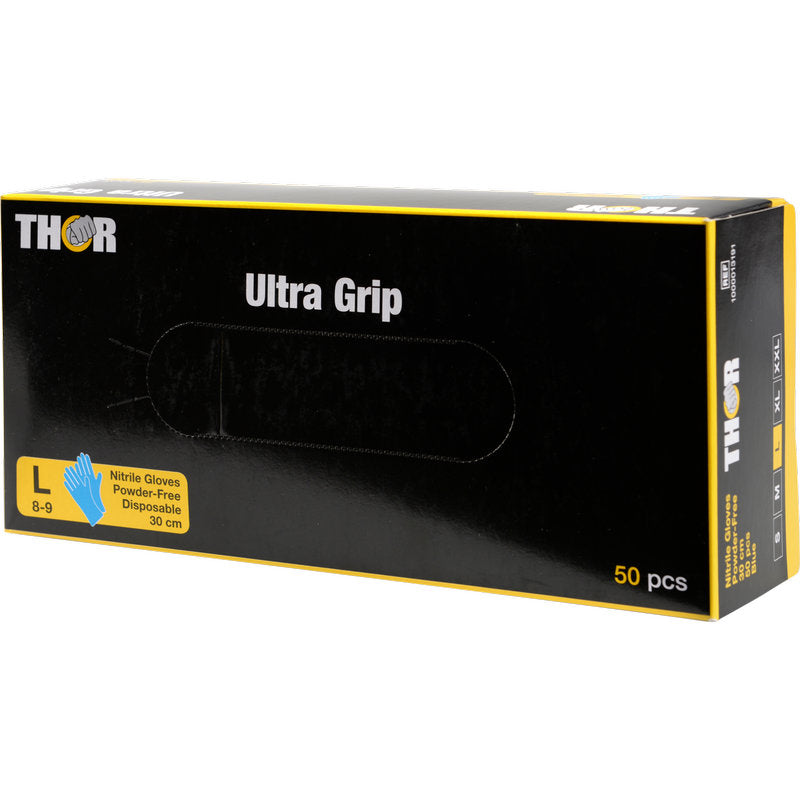 Modrá krabice s nápisem "Thor Ultra Grip Long" od Abena Re-Seller GmbH obsahuje 50 velkých, bezpudrových jednorázových nitrilových rukavic (30 cm).