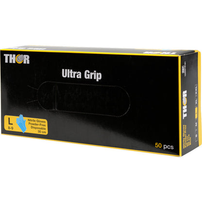 Modrá krabice s nápisem "Thor Ultra Grip Long" od Abena Re-Seller GmbH obsahuje 50 velkých, bezpudrových jednorázových nitrilových rukavic (30 cm).