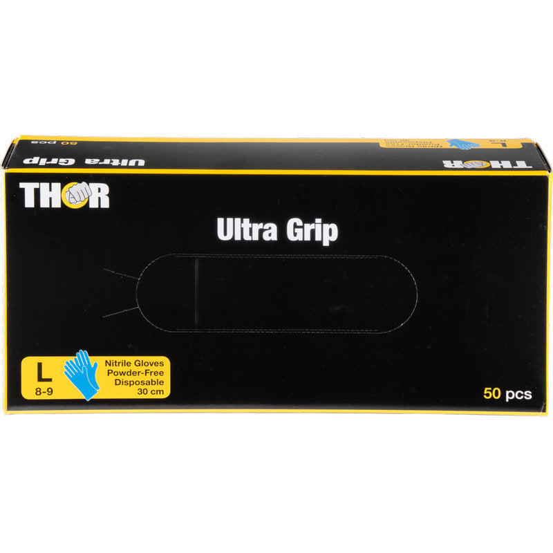 Modrá krabice nitrilových rukavic Thor Ultra Grip Long od Abena Re-Seller GmbH, 30 cm, velikost Large (8-9), bezpudrové, s symbolem rukavice a textem, že obsahuje 50 jednorázových rukavic.