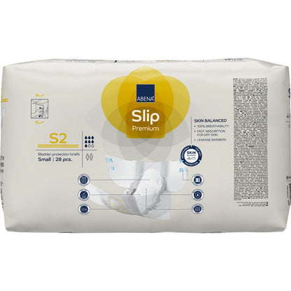 Balení 28 kusů ABENA Slip Premium od Abena Re-Seller GmbH, malá velikost, většinou v bílém balení se žlutými a modrými akcenty. Ideální pro spolehlivou inkontinenční péči; produktové informace jsou na přední straně.
