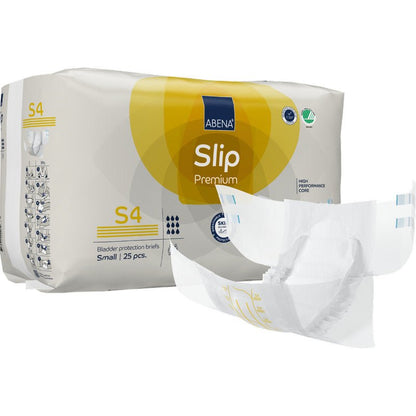 Balení 25 kusů ABENA Slip Premium od Abena Re-Seller GmbH, velikost small. Před balením je zobrazen otevřený slip, který zdůrazňuje design a vlastnosti pro efektivní inkontinenční péči.