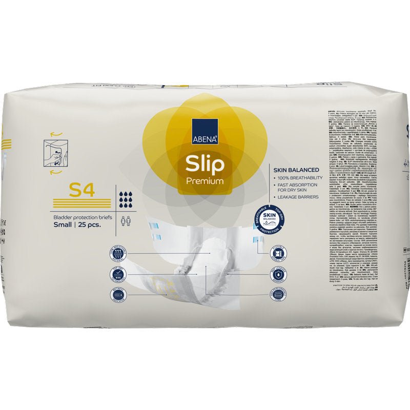Balení 25 kusů ABENA Slip Premium od Abena Re-Seller GmbH, velikost Small, obsahuje produktové detaily, funkční symboly a obrázek slipu na přední straně pro efektivní inkontinenční péči.