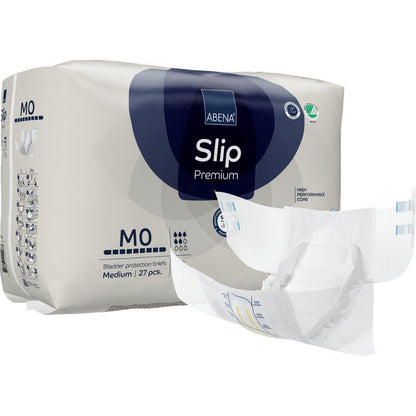 Balení ABENA Slip Premium ochranných slipů od Abena Re-Seller GmbH, střední velikost, 27 kusů. Na přední straně je zobrazen bílý slip s modrými a šedými akcenty, který zdůrazňuje svůj tvar a design pro inkontinenční péči.