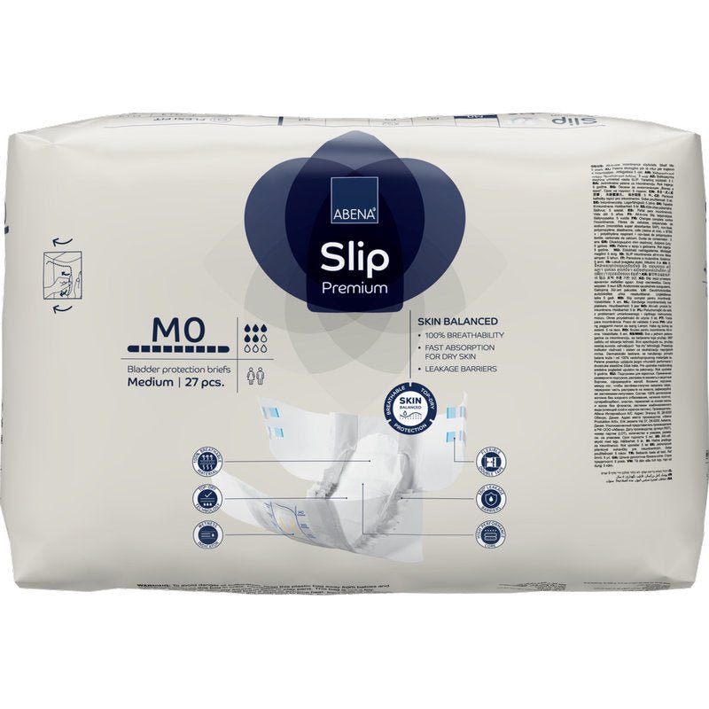 Balení ABENA Slip Premium od Abena Re-Seller GmbH, střední velikost, obsahuje 27 kusů. Převážně bílé balení s modrými a šedými akcenty nabízí spolehlivou inkontinenční péči a obsahuje podrobné produktové informace.