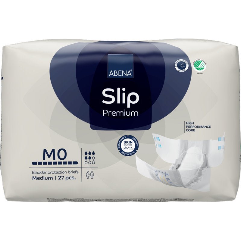 Balení ABENA Slip Premium (od Abena Re-Seller GmbH), střední velikost, 27 kusů, přichází v bílém balení s modro/šedými akcenty a obrázkem otevřeného slipu na pravé straně.