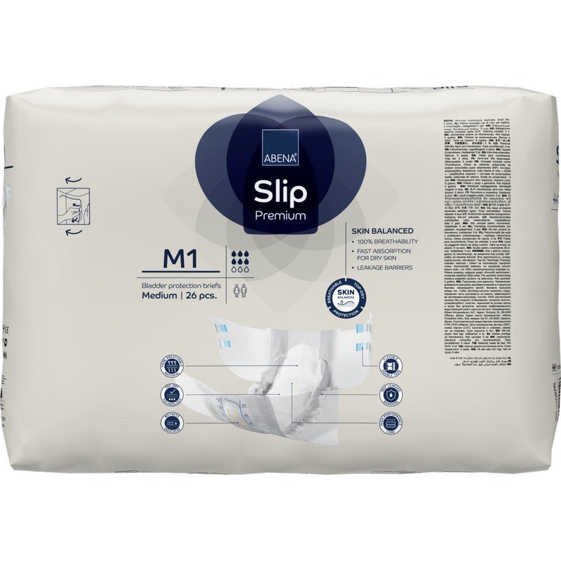 Balení 26 kusů ABENA Slip Premium od Abena Re-Seller GmbH, střední velikost, pro efektivní inkontinenční péči. Bílé balení s modro/šedými akcenty, produktové informace a obrázek slipu.