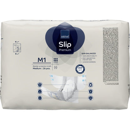 Balení 26 kusů ABENA Slip Premium od Abena Re-Seller GmbH, střední velikost, pro efektivní inkontinenční péči. Bílé balení s modro/šedými akcenty, produktové informace a obrázek slipu.
