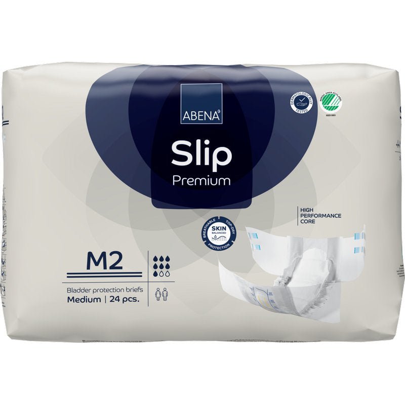 Balení 24 kusů ABENA Slip Premium od Abena Re-Seller GmbH, velikost M2 medium, nabízí kožní přívětivou a vysoce výkonnou inkontinenční ochranu pro pohodlí a bezpečnost.