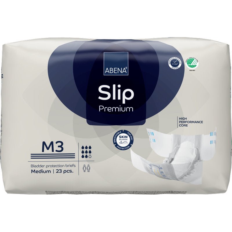 Balení ABENA Slip Premium od Abena Re-Seller GmbH, střední velikost, 23 slipů. S vysoce výkonným jádrem a kožní přívětivým designem. Balení ukazuje nerozložený slip - ideální pro spolehlivou inkontinenční péči.