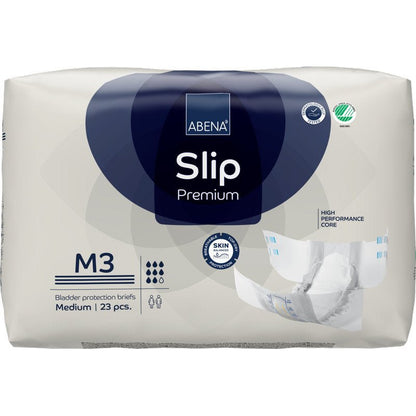 Balení ABENA Slip Premium od Abena Re-Seller GmbH, střední velikost, 23 slipů. S vysoce výkonným jádrem a kožní přívětivým designem. Balení ukazuje nerozložený slip - ideální pro spolehlivou inkontinenční péči.
